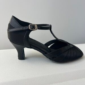 Elegant Black Women's Very Fine 2707 T-Strap Heels black satin suede, 7 1/2
